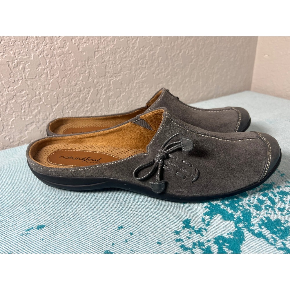 Natural Soul by Naturalizer Womens Gray Leather Mules Clogs Slip On Shoes 9.5 M